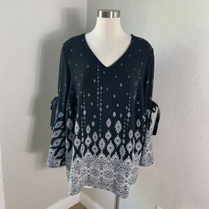 Roz & Ali Womens Plus 1X Black White V Neck Tunic Top With Tie Sleeves Shirt